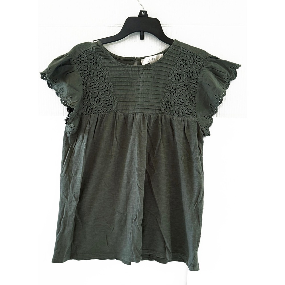 LOFT Pintucked Eyelet Top Green Cotton Cap Sleeve Womens S Back Keyhole Shirt